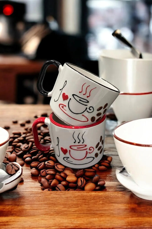 Set van 2 handgemaakte keramische mokken met handgeschilderde koffiethema-ontwerpen