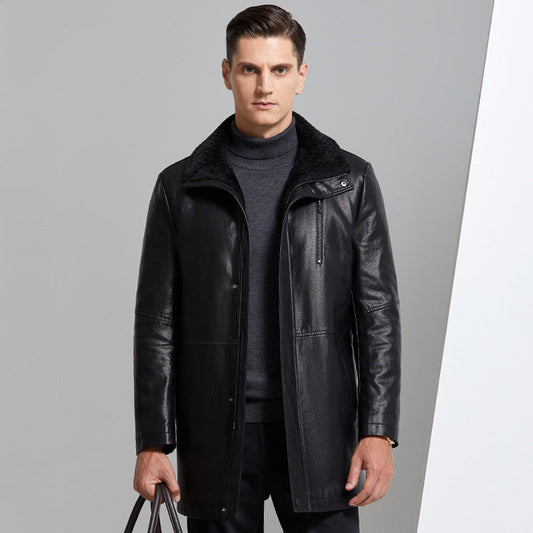 Veste d'hiver en cuir véritable pour hommes – Élégance doublée polaire et épaissie