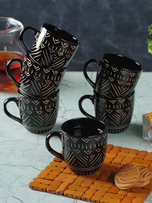 Zwarte theemokken- en koffiekopjesset met reliëfontwerp, 6 stuks