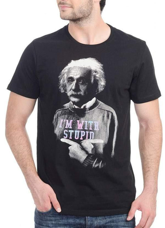 T-shirt noir homme à manches courtes avec inscription "Einstein I'm With Stupid"