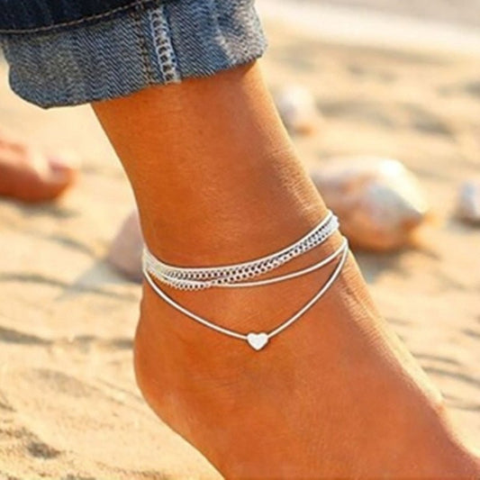 Bracelet de cheville multichaînes cœur bohème argenté
