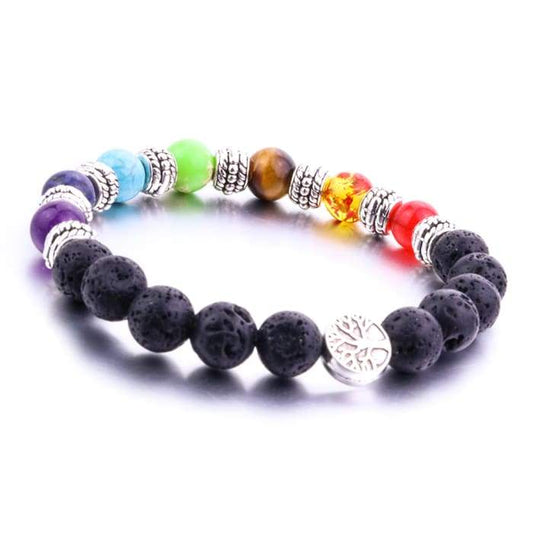 Bracelet en pierre de lave avec les sept chakras et l'arbre de vie pour huiles essentielles